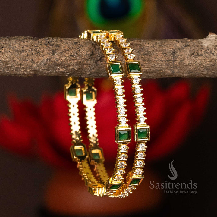 Royal white and green-toned gold plated traditional bangles, embedded with round and square American diamond stones - Sasitrends