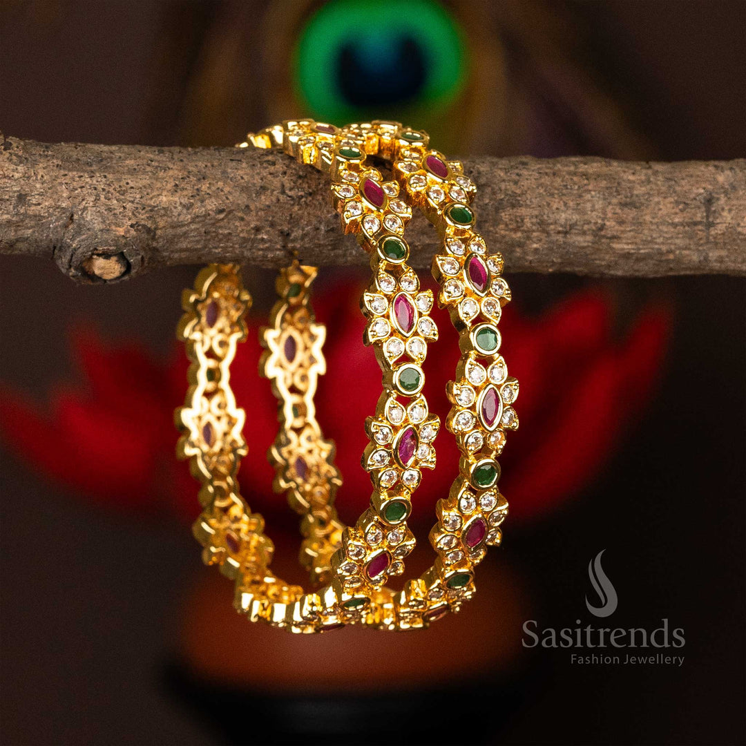 Guaranteed Micro Gold Plated Flower Designer AD Stone Bangles -Sasitrends