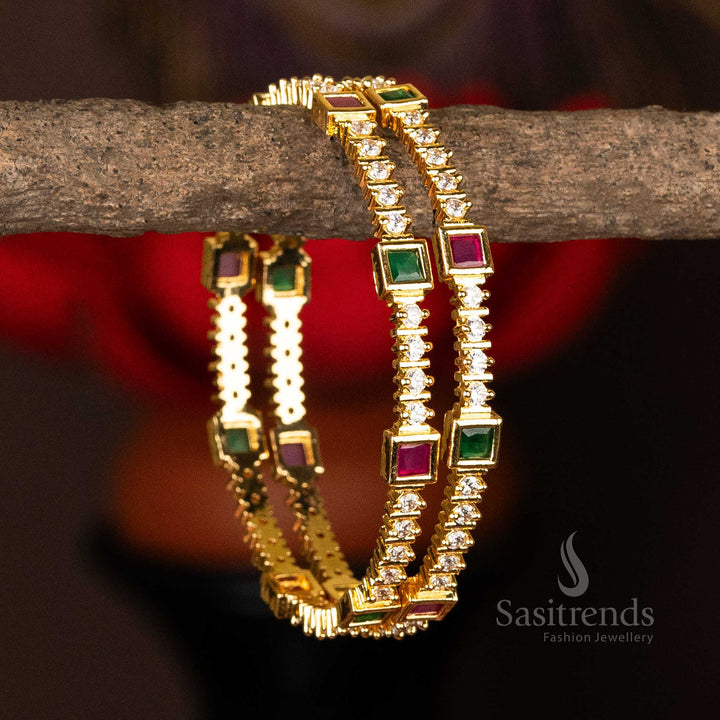 Exquisite multi-toned gold plated bangles featuring round and square American diamond stones - Sasitrends