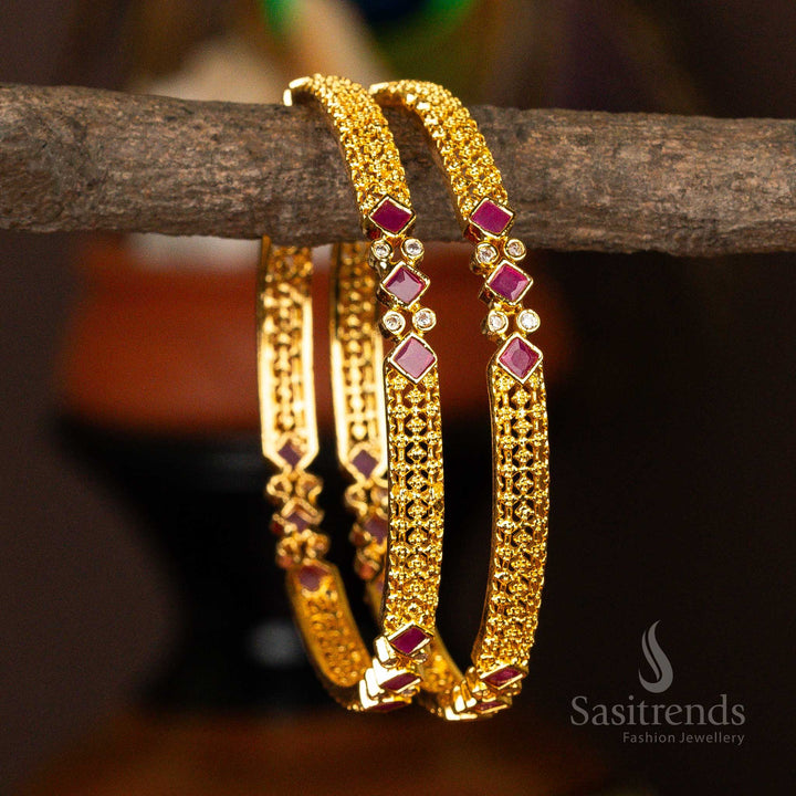 Exquisite elegant traditional micro gold-plated bangles featuring triangle and round-shaped American diamond stones in a regal ruby-white color - Sasitrends