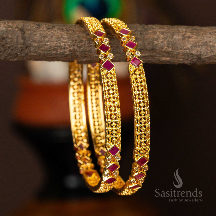 Elegant Traditional Wear Micro Gold Plated Triangle and Round Shaped American Diamond Stones Bangles