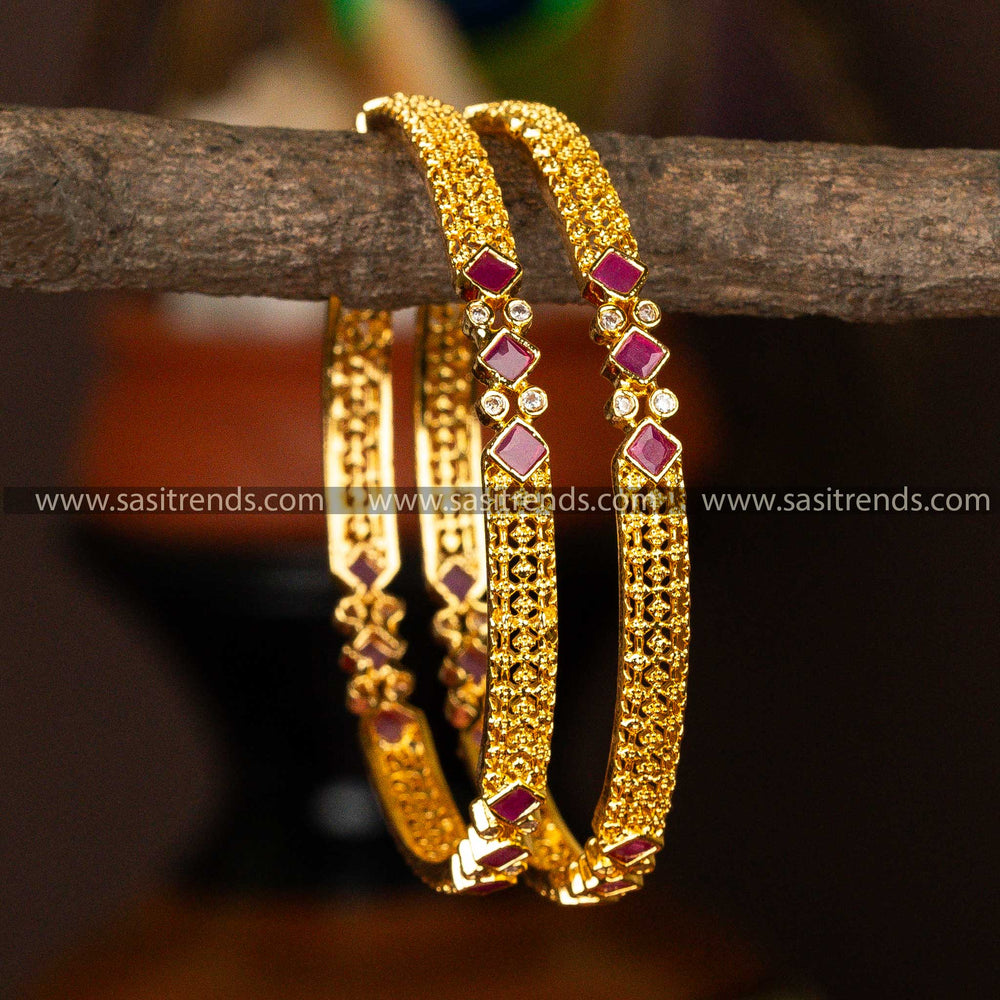 Traditional Micro Gold Plated Triangle Round Shaped Ruby White AD Stone Studded Bangles Sasitrends