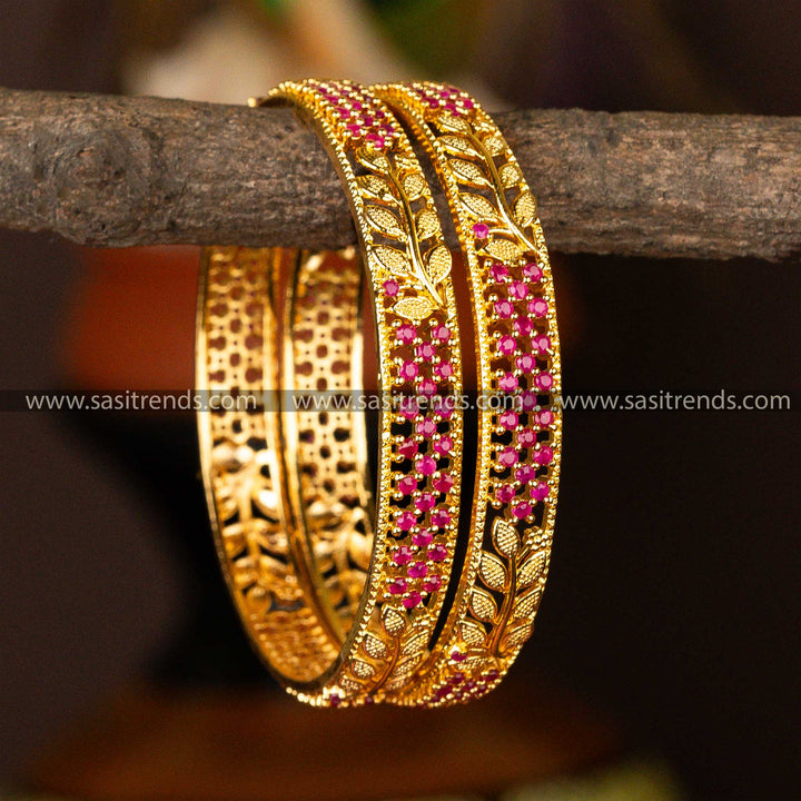 Elegant Micro Gold Plated Leaf Designer Round American Diamond Stones Bangles - Sasitrends