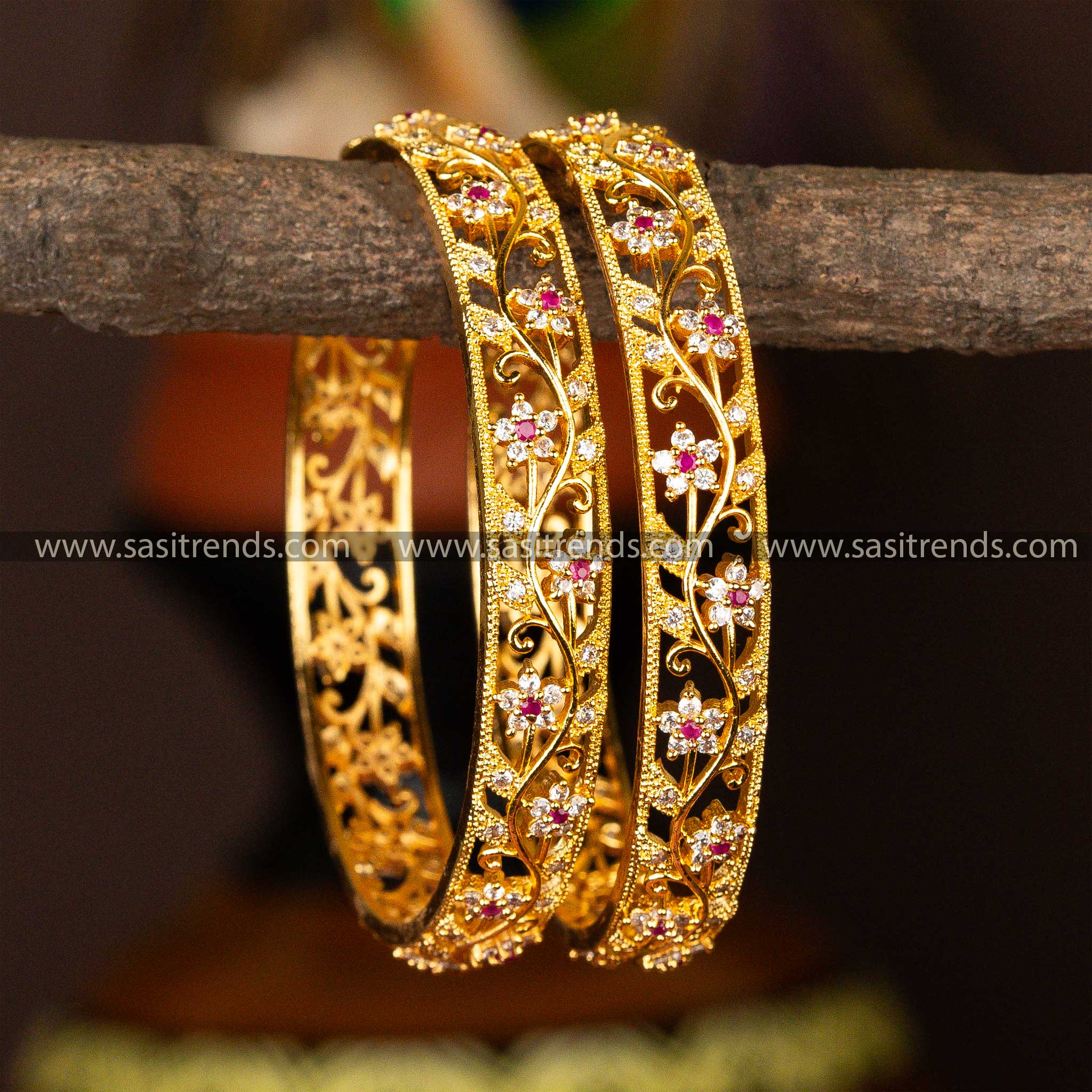 Attractive Traditional Micro Gold Plated Star Flower Leaf White Ruby AD Stone Studded Bangles Sasitrends