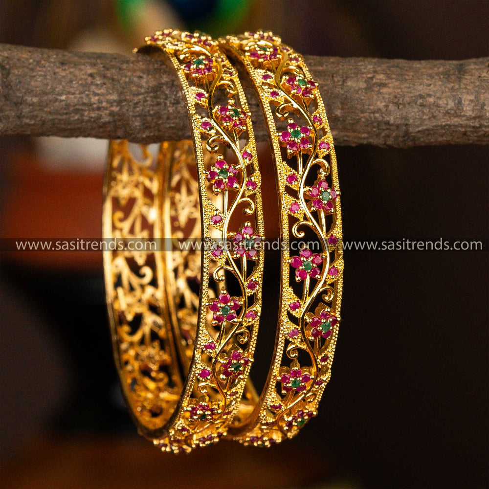 Traditional Elegance Micro Gold Plated Star Flower Leaf Bangles Ruby Green AD Stone