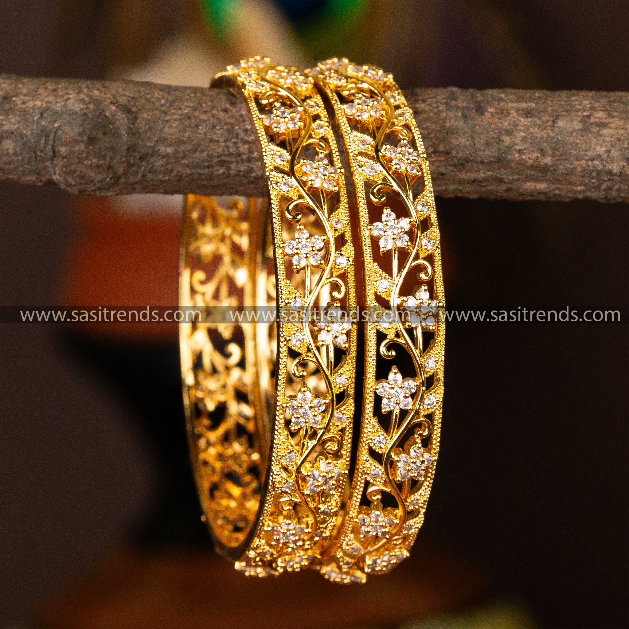 Traditional Wear Micro Gold Plated Star Flower Leaf White Ad Stone Bangles Online Shopping