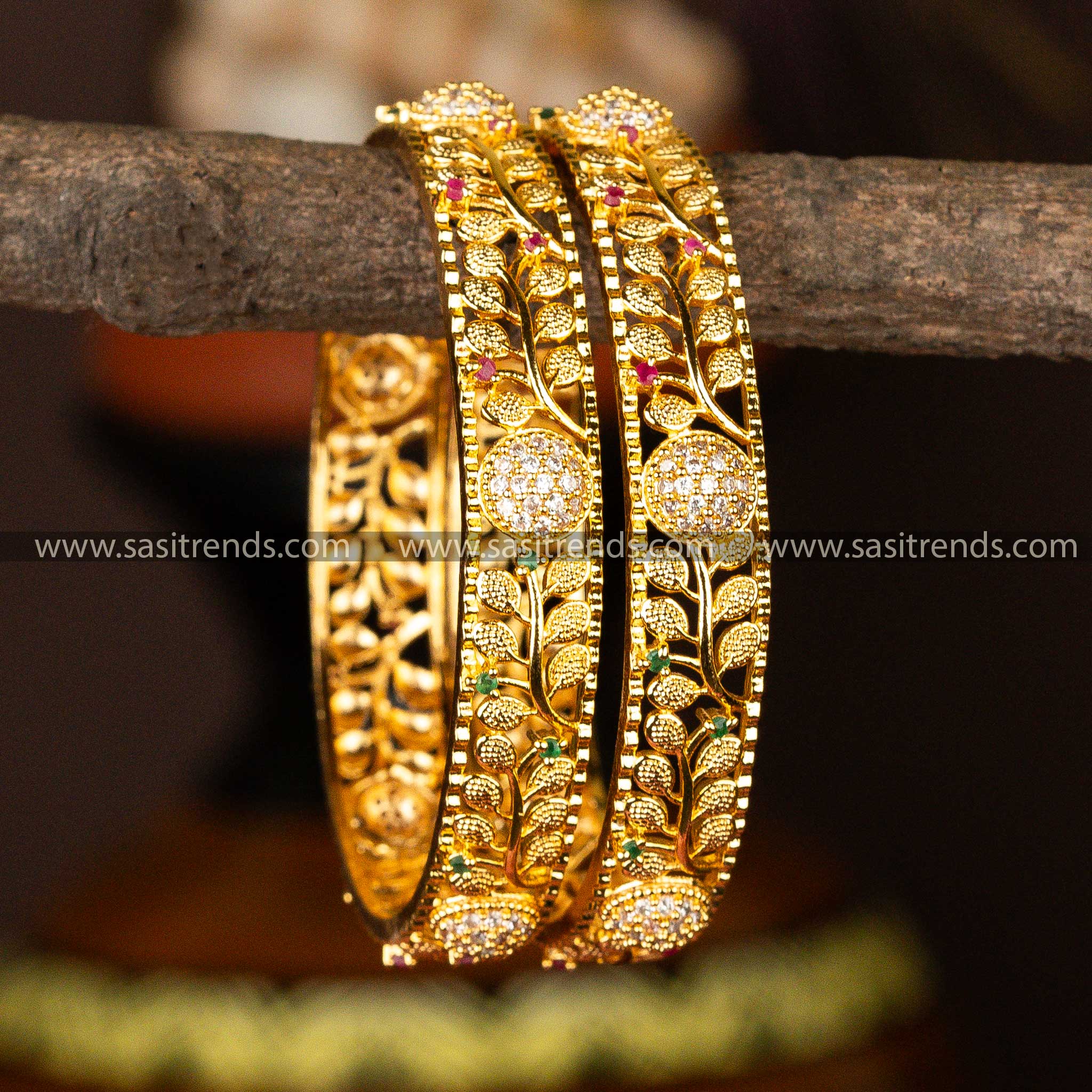 Guaranteed Micro Gold Plated Leaf Center Ball Designer Multi AD Stone Bangles Online Shopping