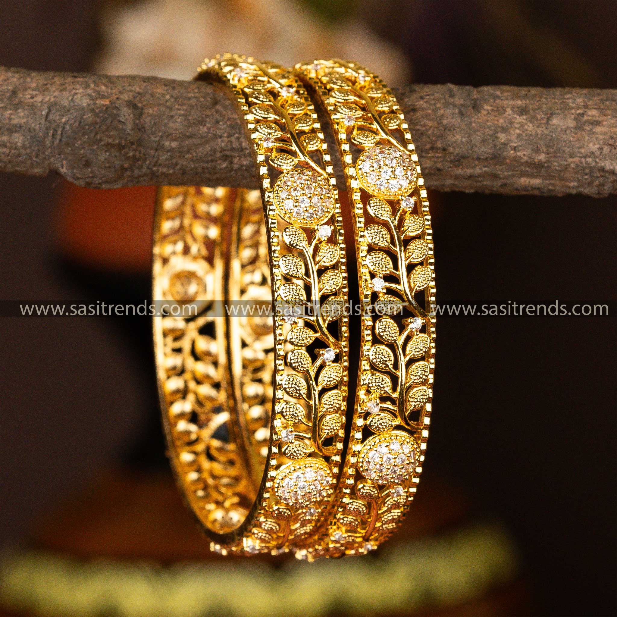 Guaranteed One Gram Micro Gold Plated Leaf Center Ball Designer White AD Stone Studded Bangles