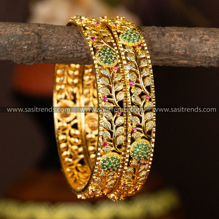 Traditional Micro Gold Plated Leaf Center Ball Designer Green Ruby AD Stone Bangles Sasitrends