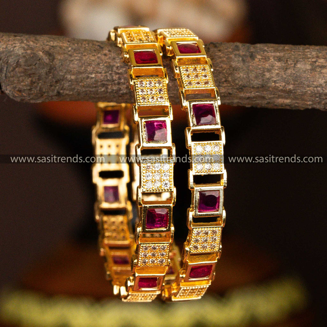 Guaranteed Micro Gold Plated Square Shaped White Ruby AD Stone Bangles