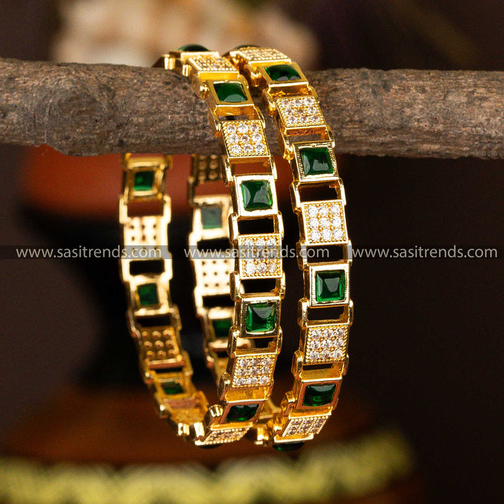 Traditional Micro Gold Plated Square Shaped White Green AD Stone Studded Bangles Sasitrends Online Shopping