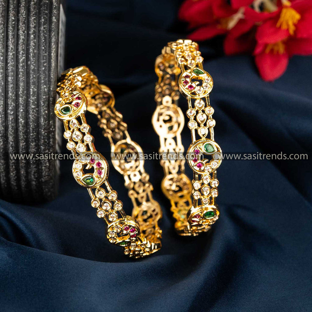 Elegant Peacock-Inspired Gold-Plated American Diamond Bangles for Traditional Celebrations - Sasitrends