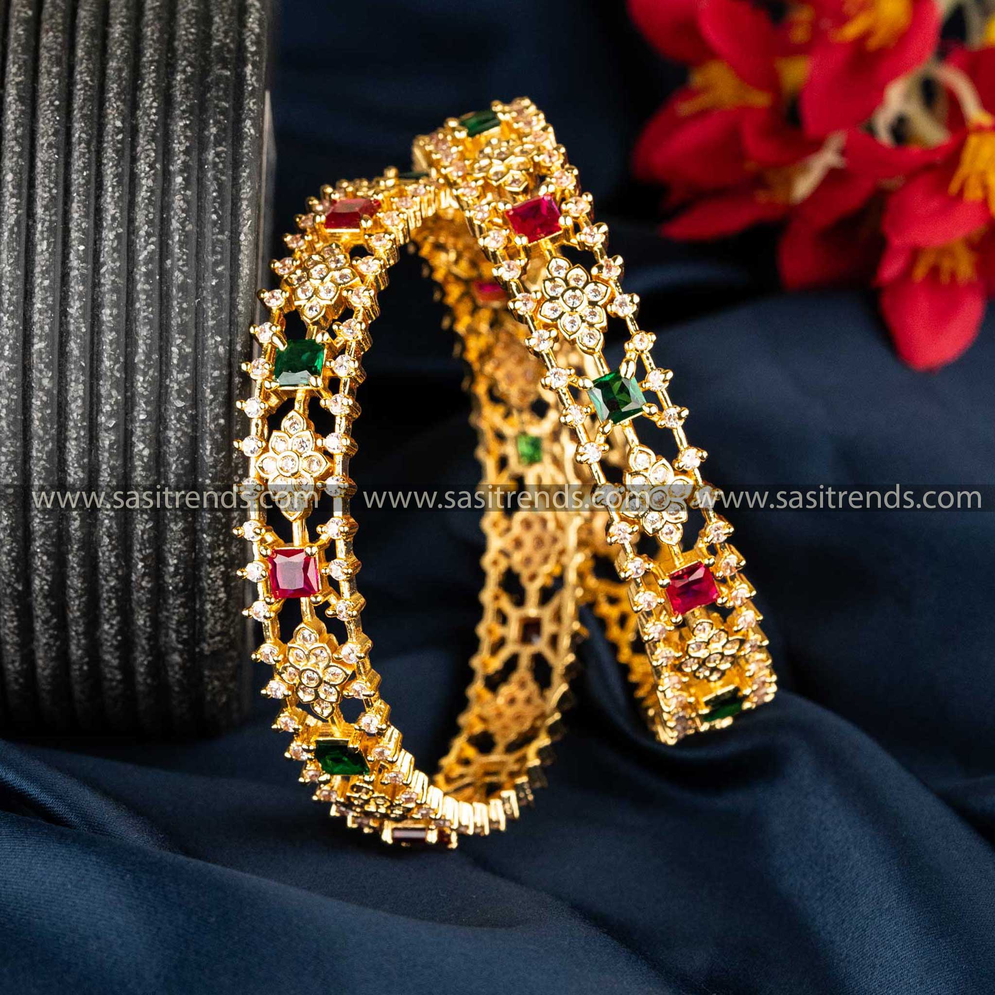 Micro Gold-Plated Bangles with American Diamond Flowers and Geometric Patterns