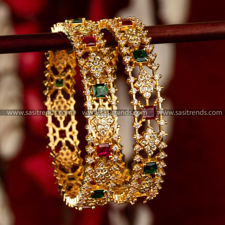 Dual Charm Micro Gold-Plated Bangles with American Diamond Floral & Geometric Motifs