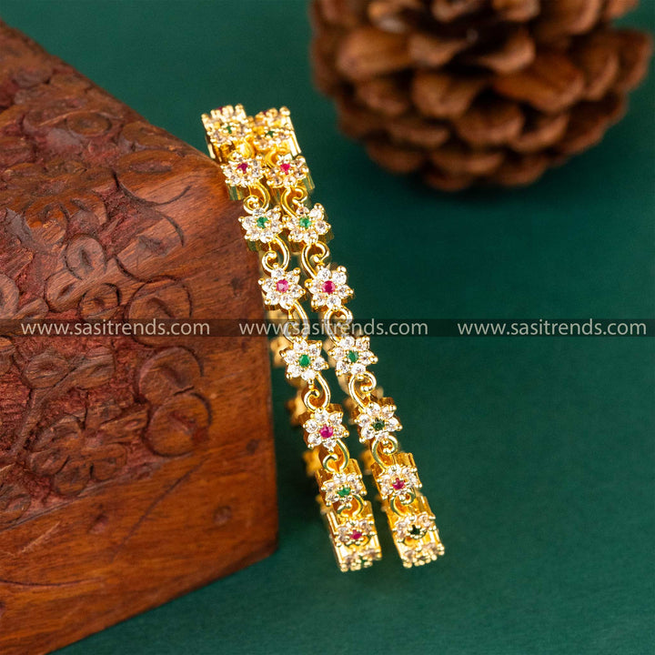 Gold-Plated Star-Shaped American Diamond Bangles with Emerald and Ruby Accents 