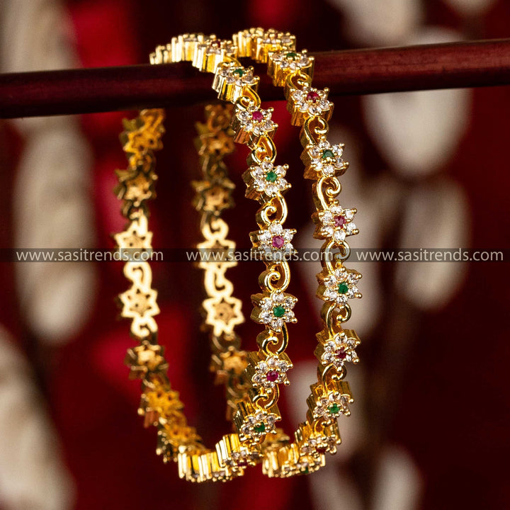 Starlight Splendour American Diamond Micro Gold-Plated Bangles with Multicolor Accents