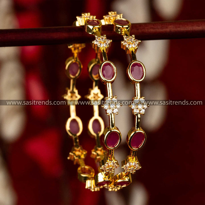 Classic Radiance Bangle Set with Oval Gemstones and Star-Shaped Ad Stone One Gram Gold Pangles