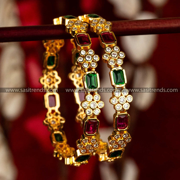 Traditional Micro Gold Finished Flower and Rectangular Pattern American Diamond Stone Studded  Bangles for Women - Latest Festival Collection