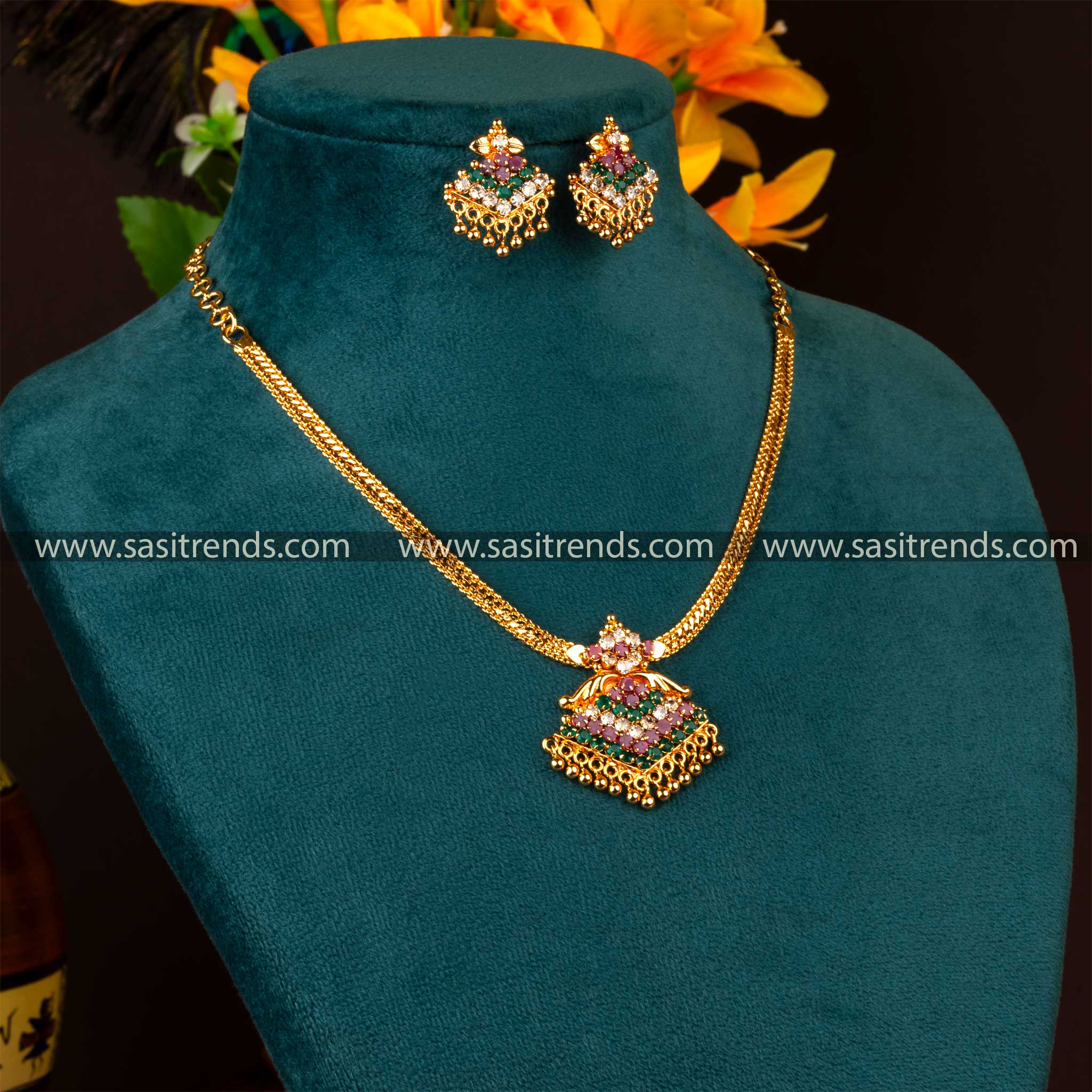 Latest Micro Gold Plated Pendant Necklace Earrings Sasitrends Multi AD Stone Jewellery Set