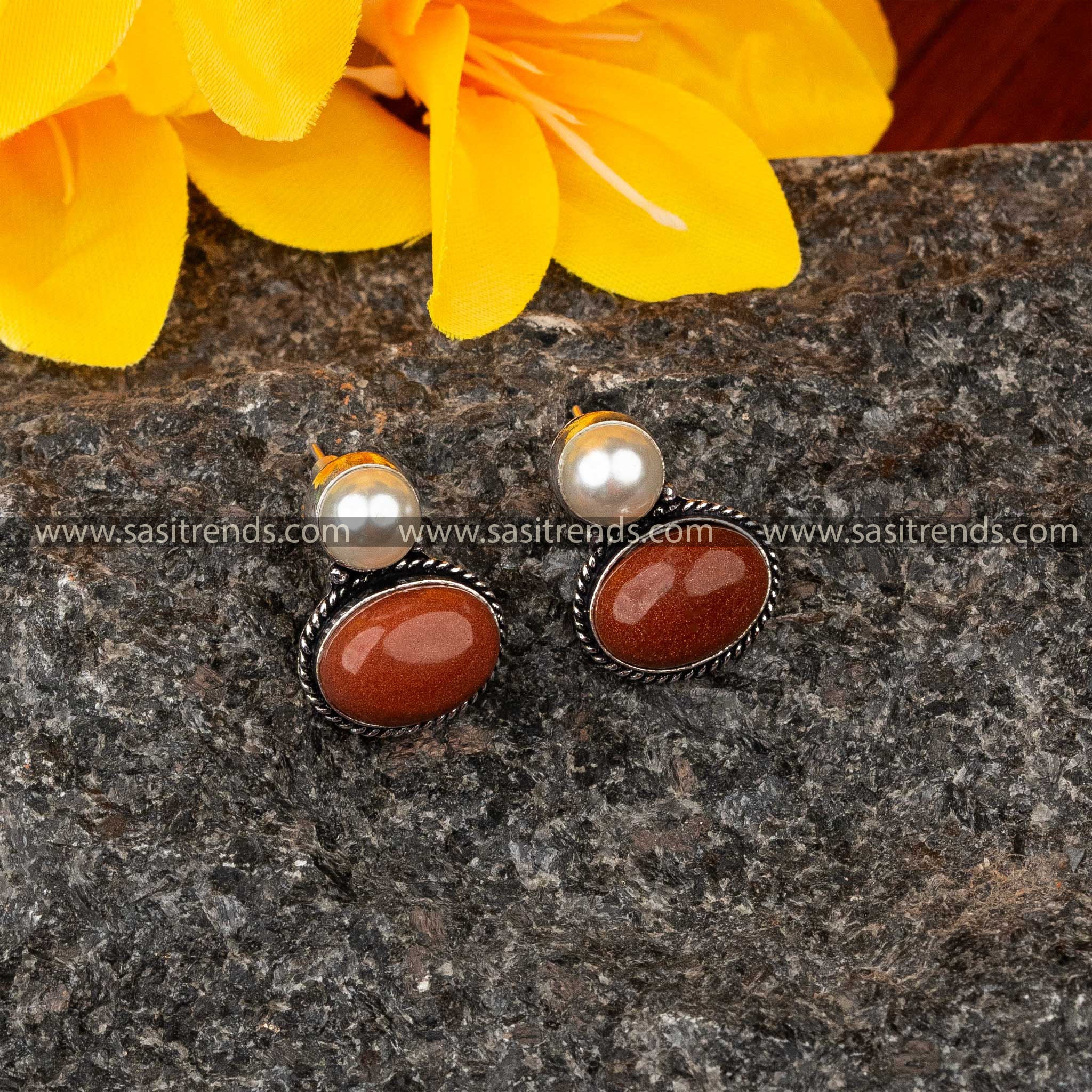 Latest Oxidised German Silver Brown Monalisa Stone Stud Earrings