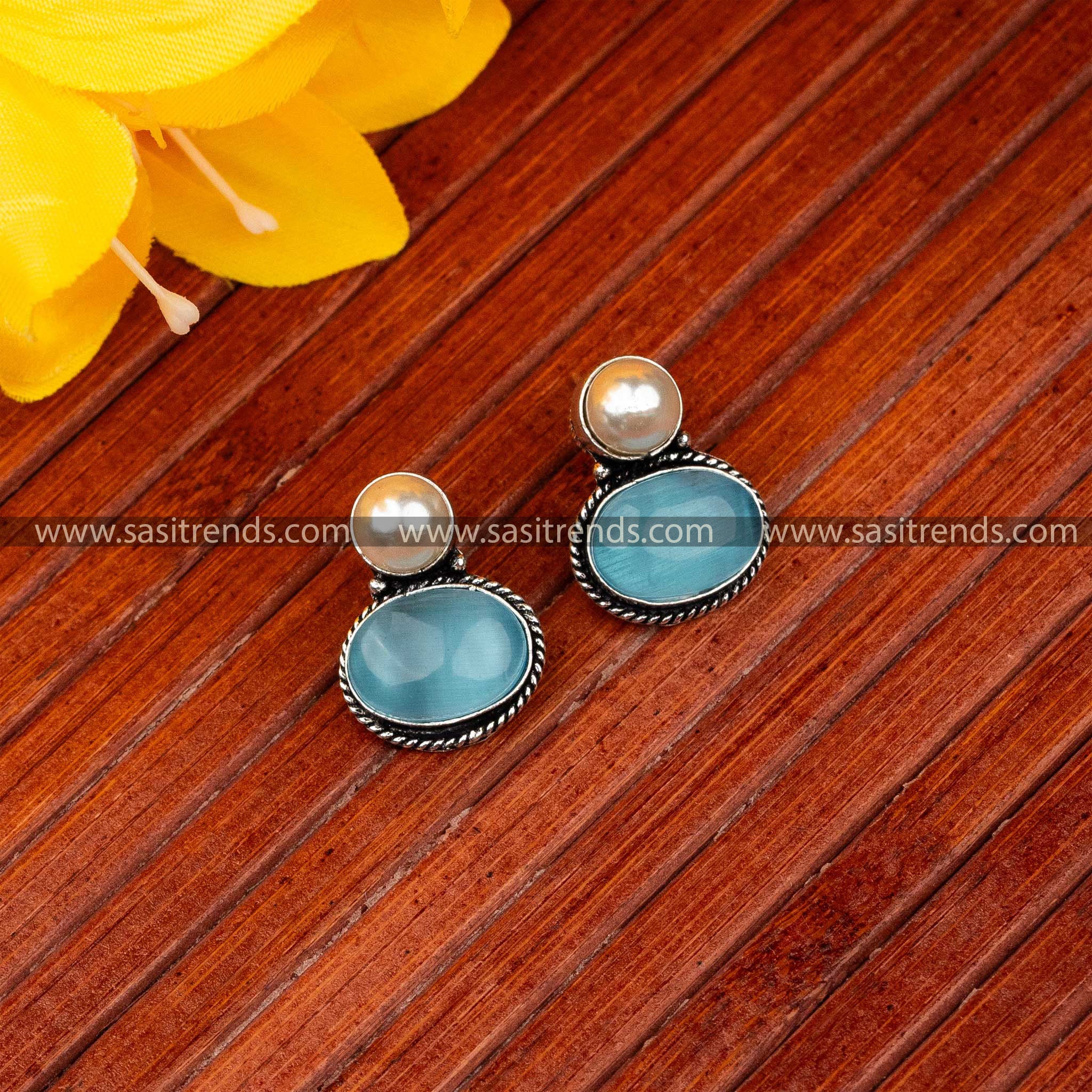 New Oxidised German Silver Stone Stud Earrings Sasitrends Sky Blue