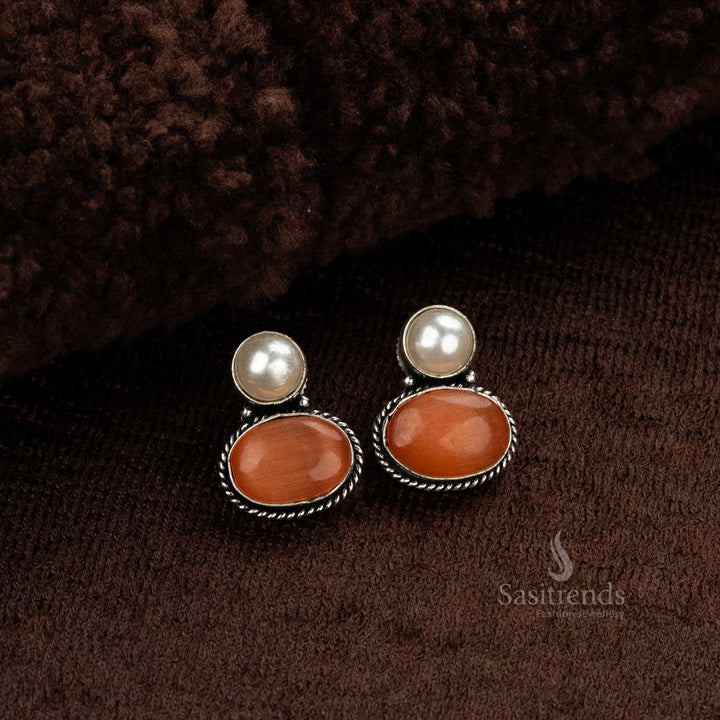 Oxidized German Silver Stud Earrings Adorned with Oval Monalisa Stones in Elegant Peach - Ideal for Women at Traditional Gathering - Sasitrends