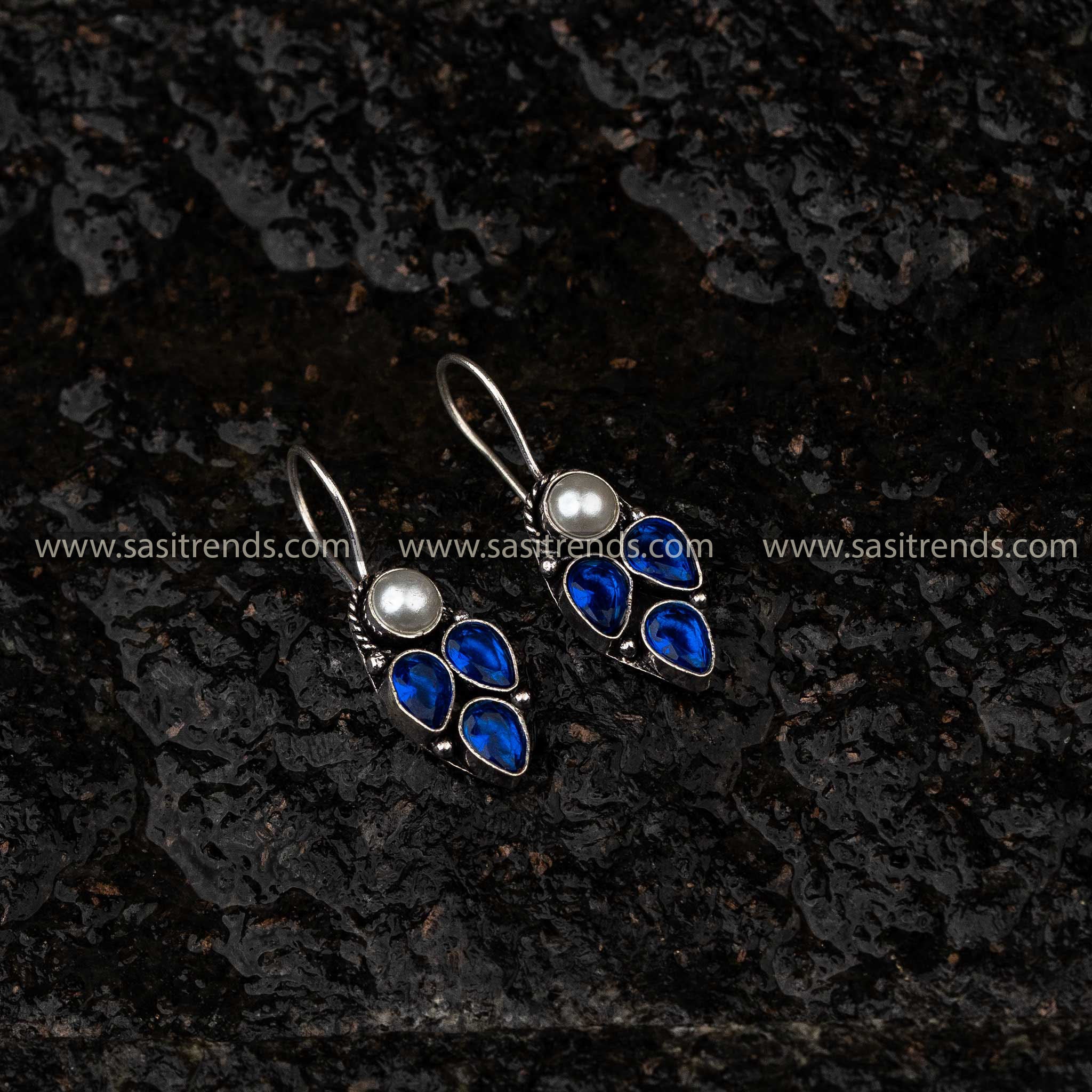 Latest Oxidised Blue AD Pearl Stud Fish Hook Earrings Sasitrends Online Shopping