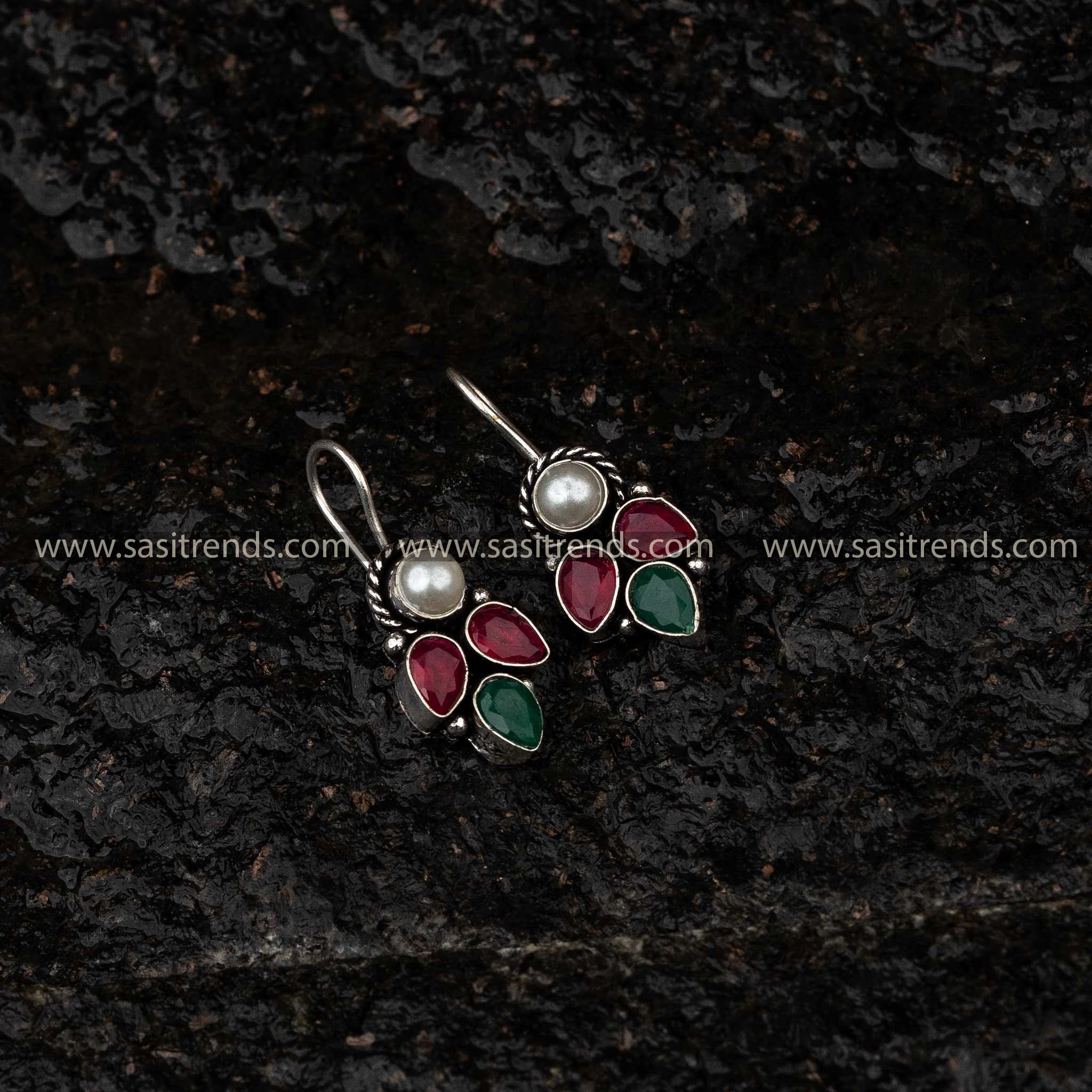 Trendy Traditional Oxidised Ruby Green AD Stone Stud Navarathiri Special Earrings Sasitrends