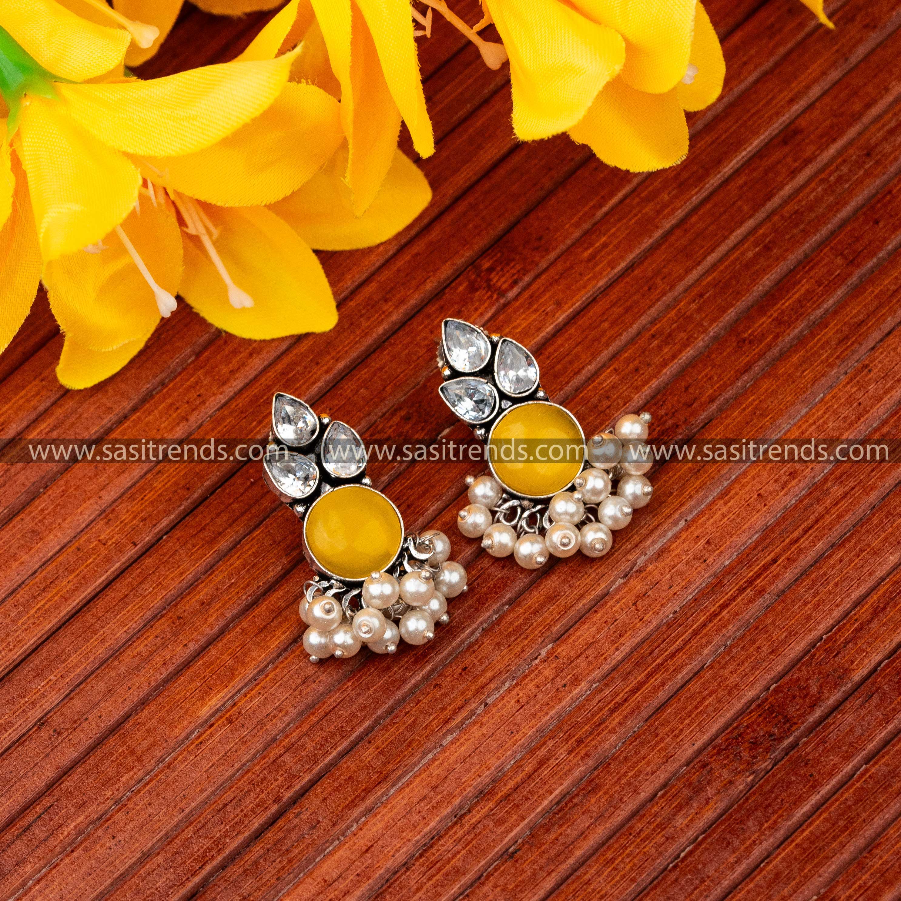 Yellow Round Stone Pearl Oxidised German Silver Earrings Sasitrends 