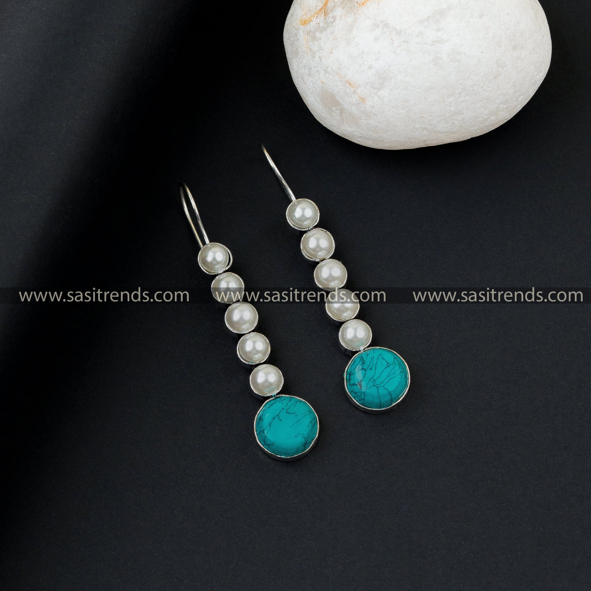 Office Wear Round Stone Pearl Oxidised German Silver Earrings