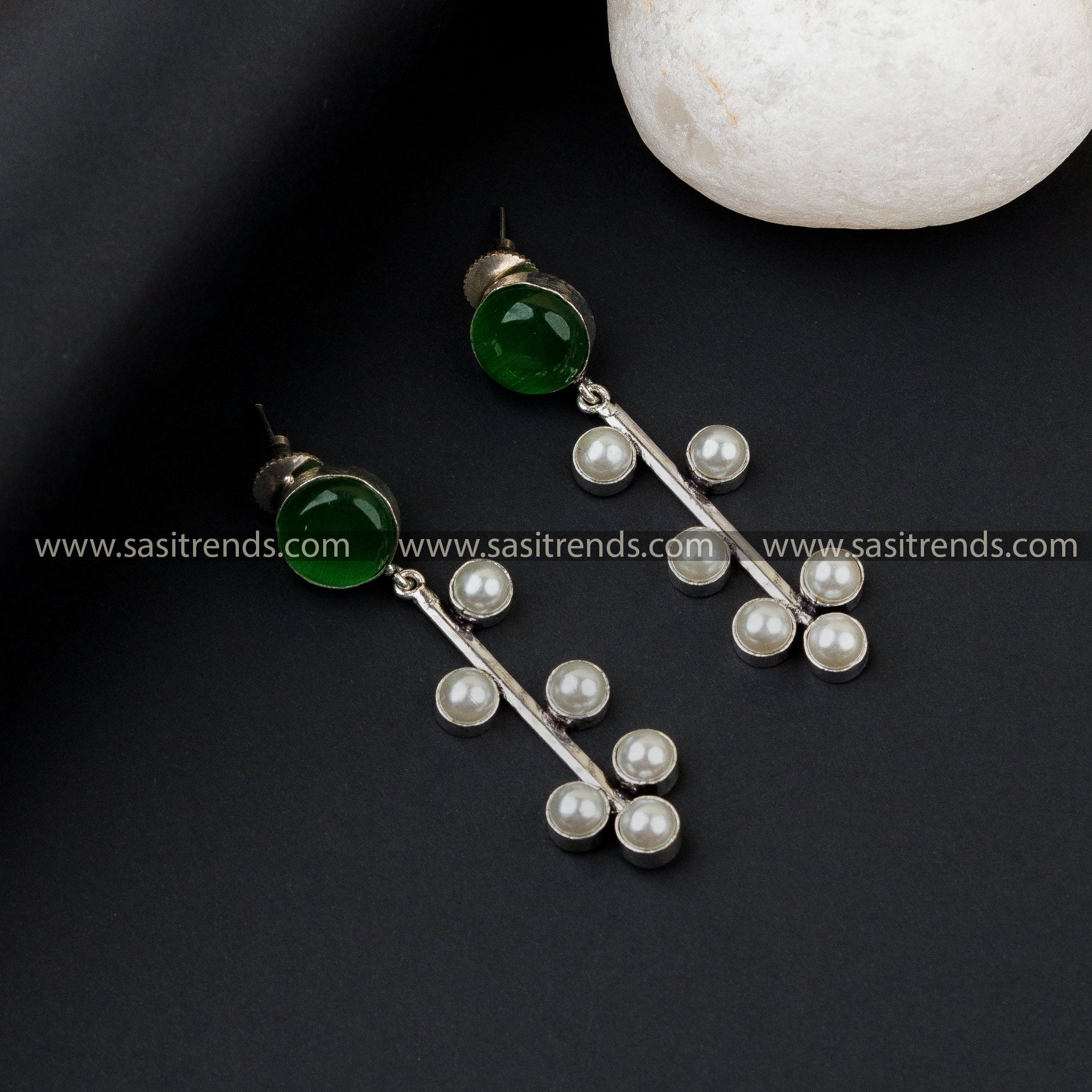 New Round Stone Pearl Traditional Oxidised German Silver Earrings With Six Pearls