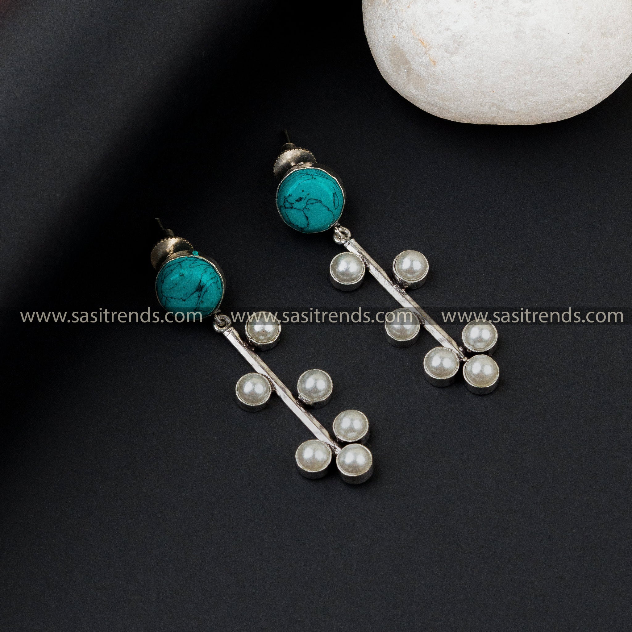 Office Wear Round Stone Pearl Oxidised German Silver Earrings