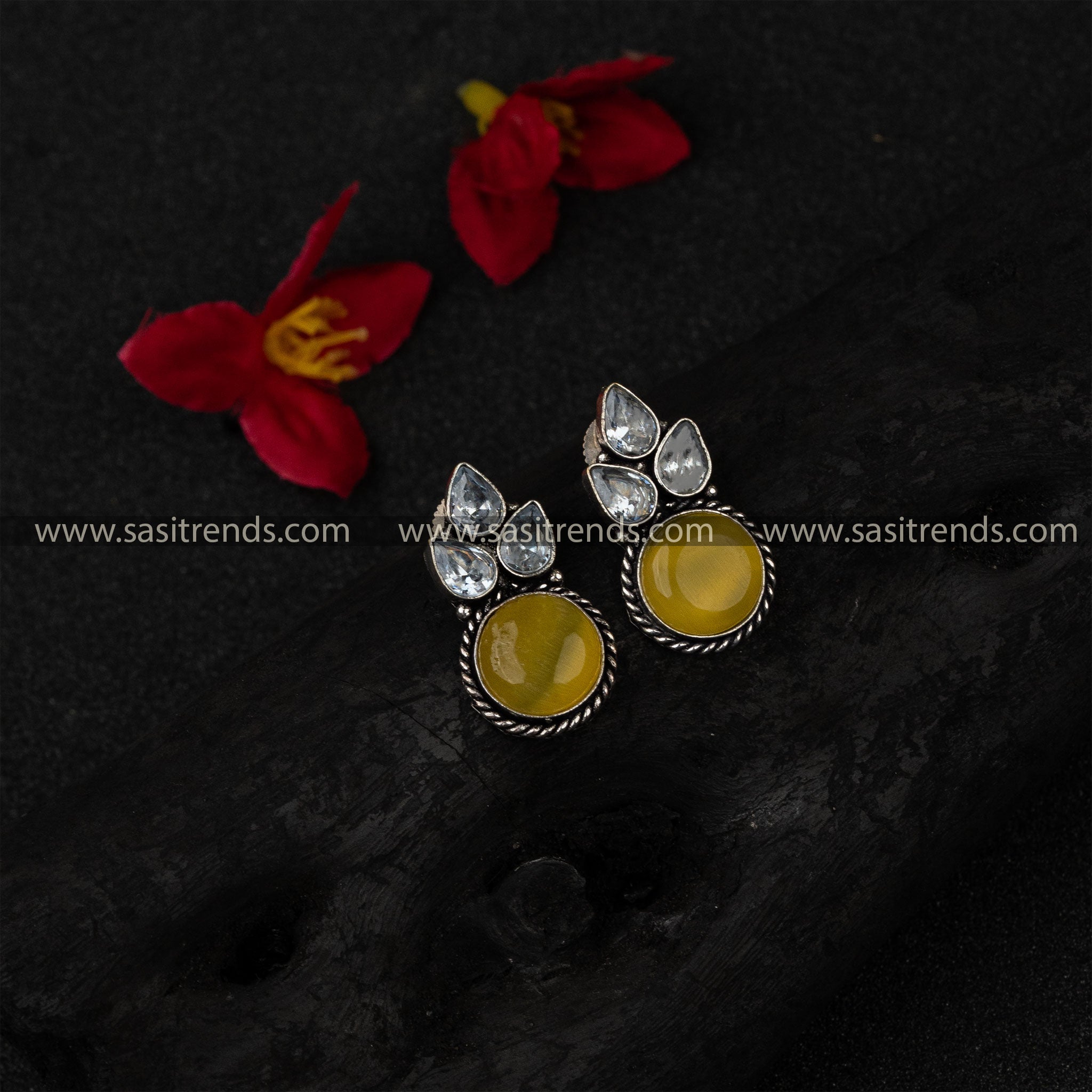 Sasitrends Oxidised German Silver Three AD Stones Earrings For Women