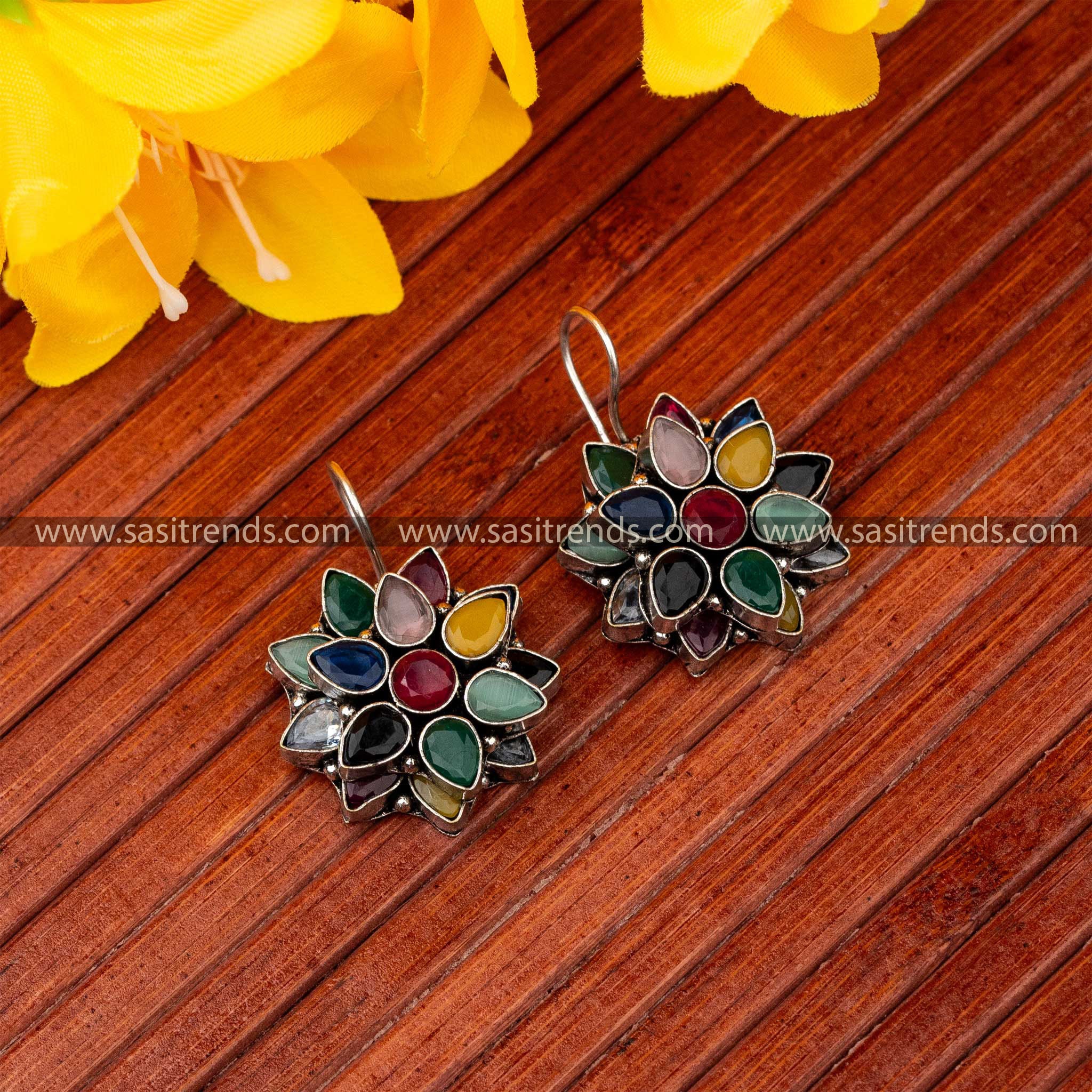 Attractive Oxidised German Silver Multi Stone Earrings