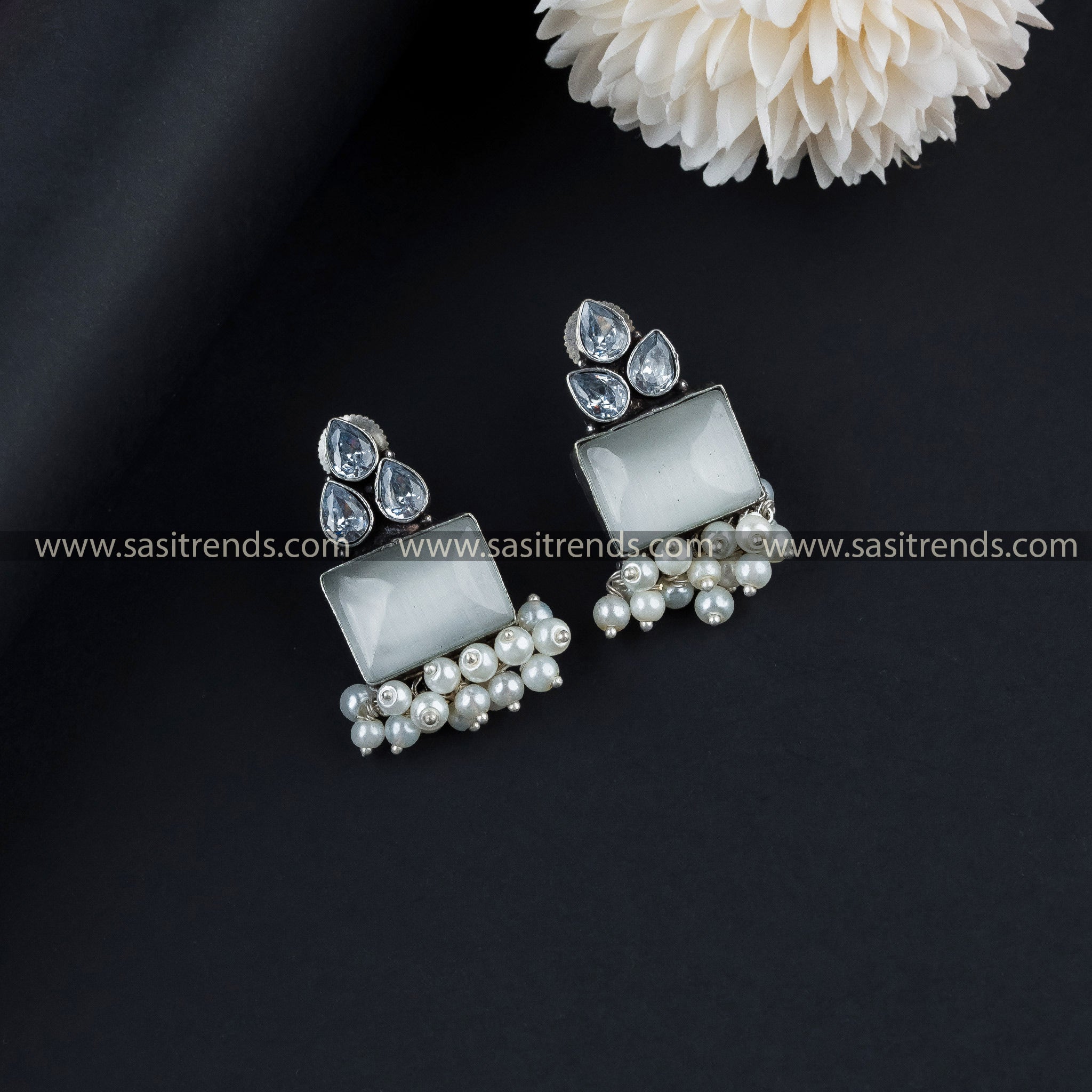 Latest Water Drop Stone Pearl Oxidised German Silver Earrings