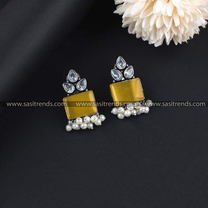 Stylish Oxidised German Silver AD Stone Studded Earrings