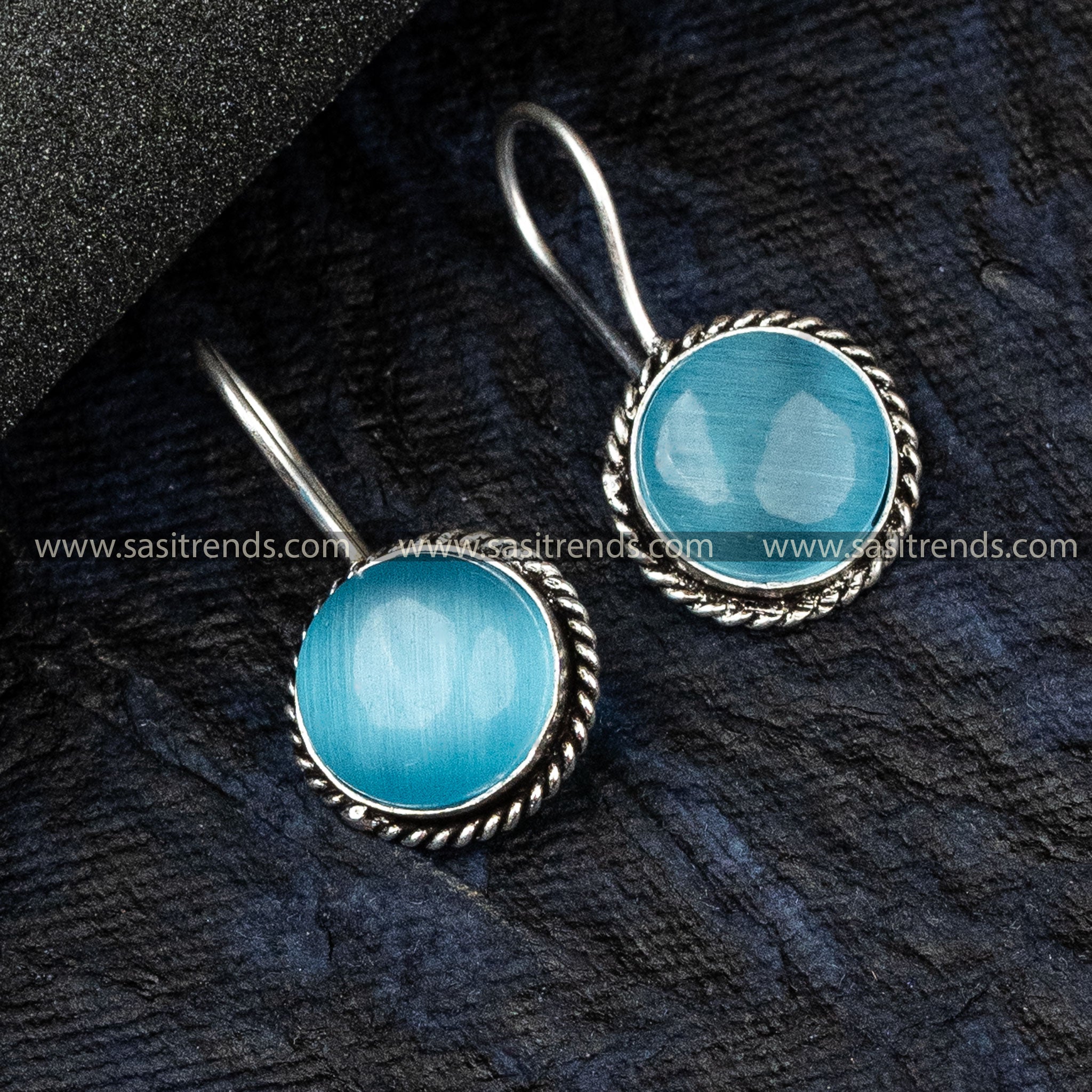 Beautiful Oxidised German Silver Earrings Circular Pattern Monalisa Stone Sky Blue Earrings