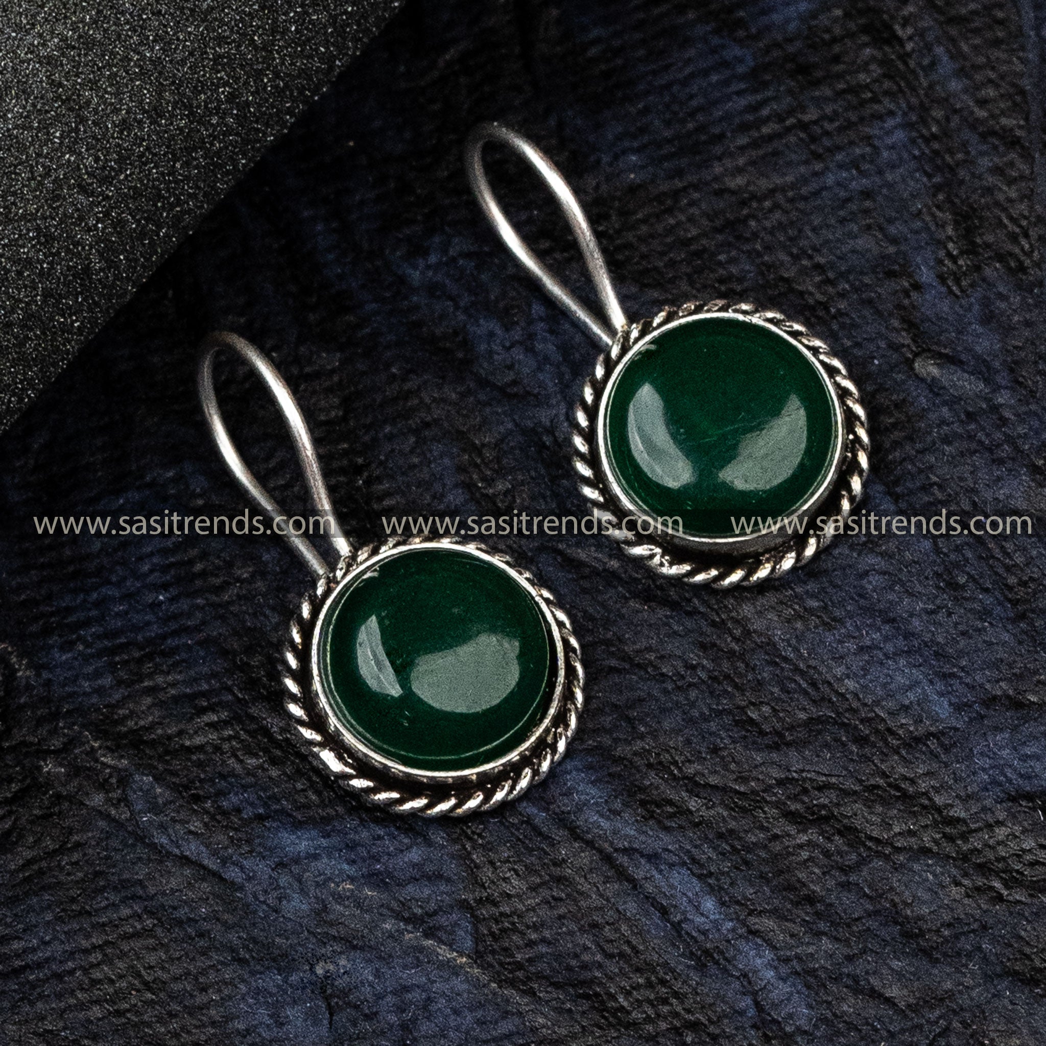 New Trendy Oxidized German Silver Earrings Circular Pattern Monalisa Stone Dark Green Earrings