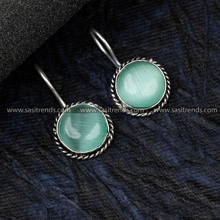 Party Wear Oxidised German Silver Earrings Circular Pattern Monalisa Stone Mint Earrings