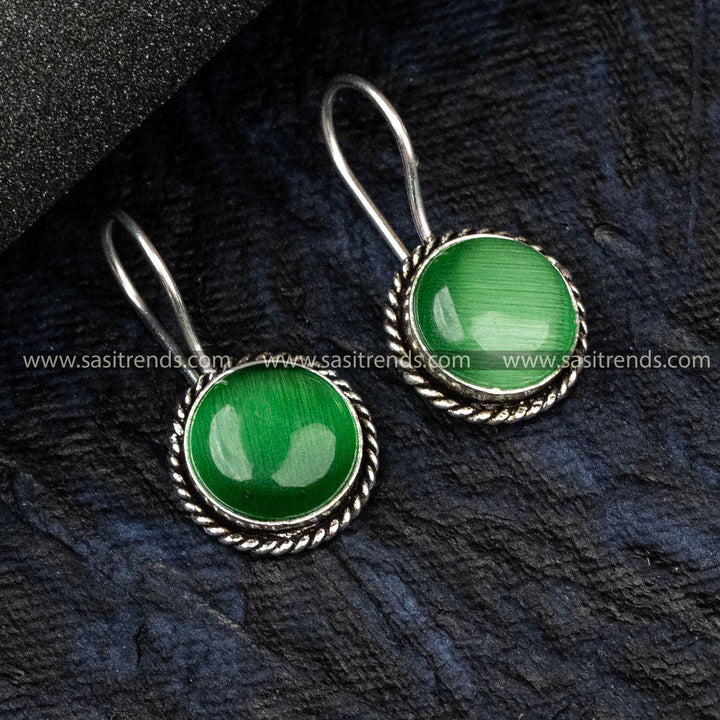 Round Stone Oxidized German Silver Earrings Circular Pattern Monalisa Stone Light Green Earrings