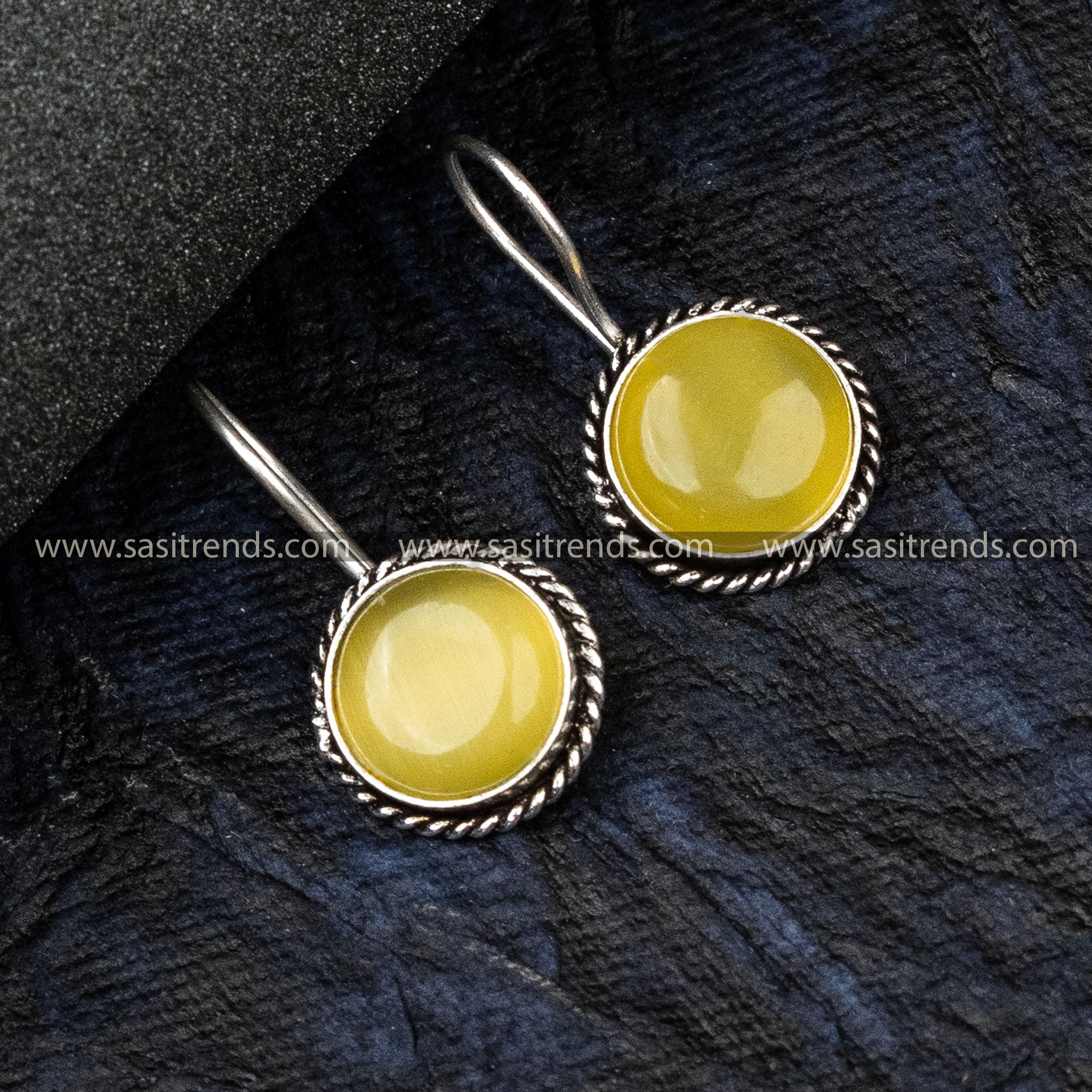 Sasitrends Oxidised German Silver Earrings Circular Pattern Monalisa Stone Yellow Earrings