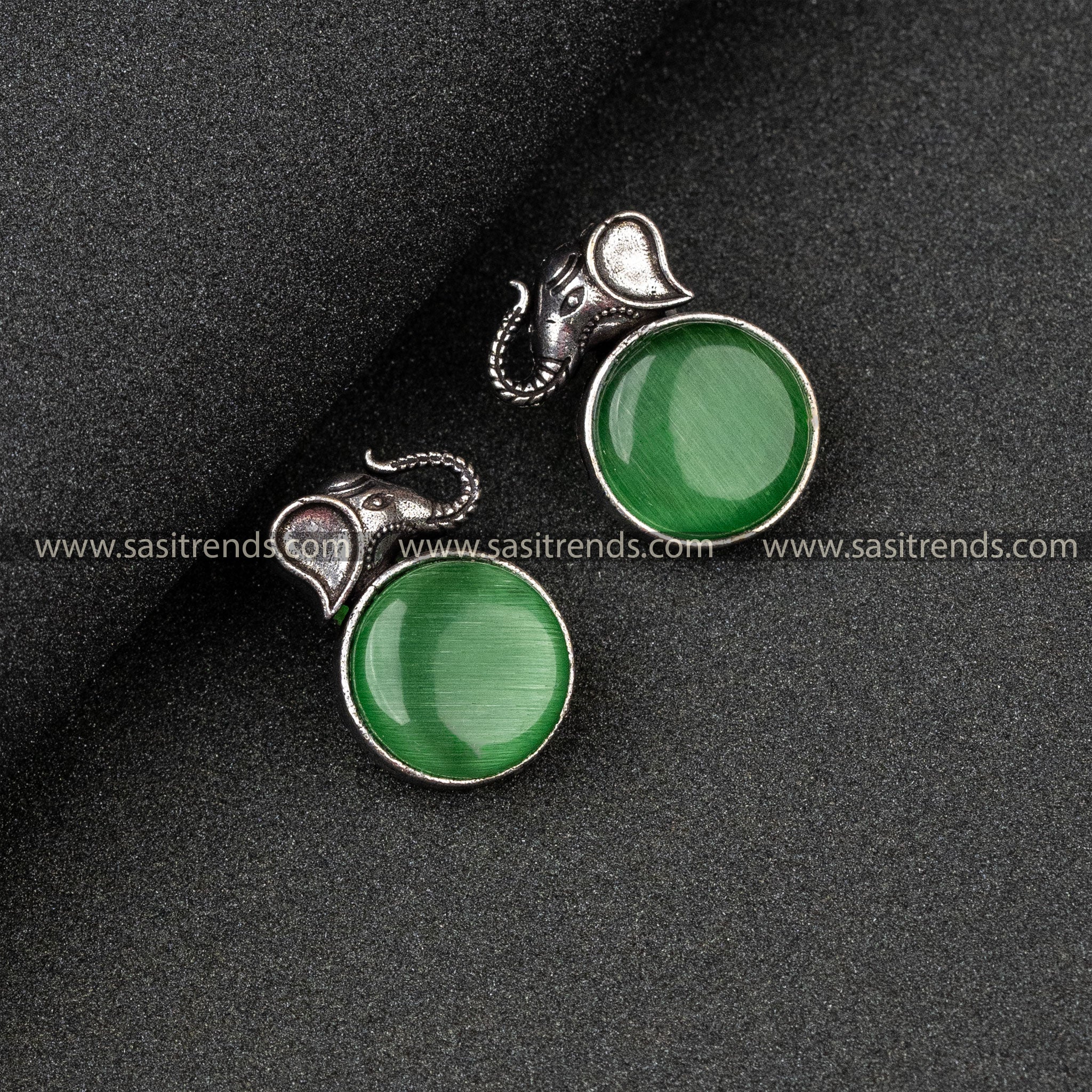 Latest OXidised German Silver Elephant Head And Round Monalisa Stone Light Green Earrings