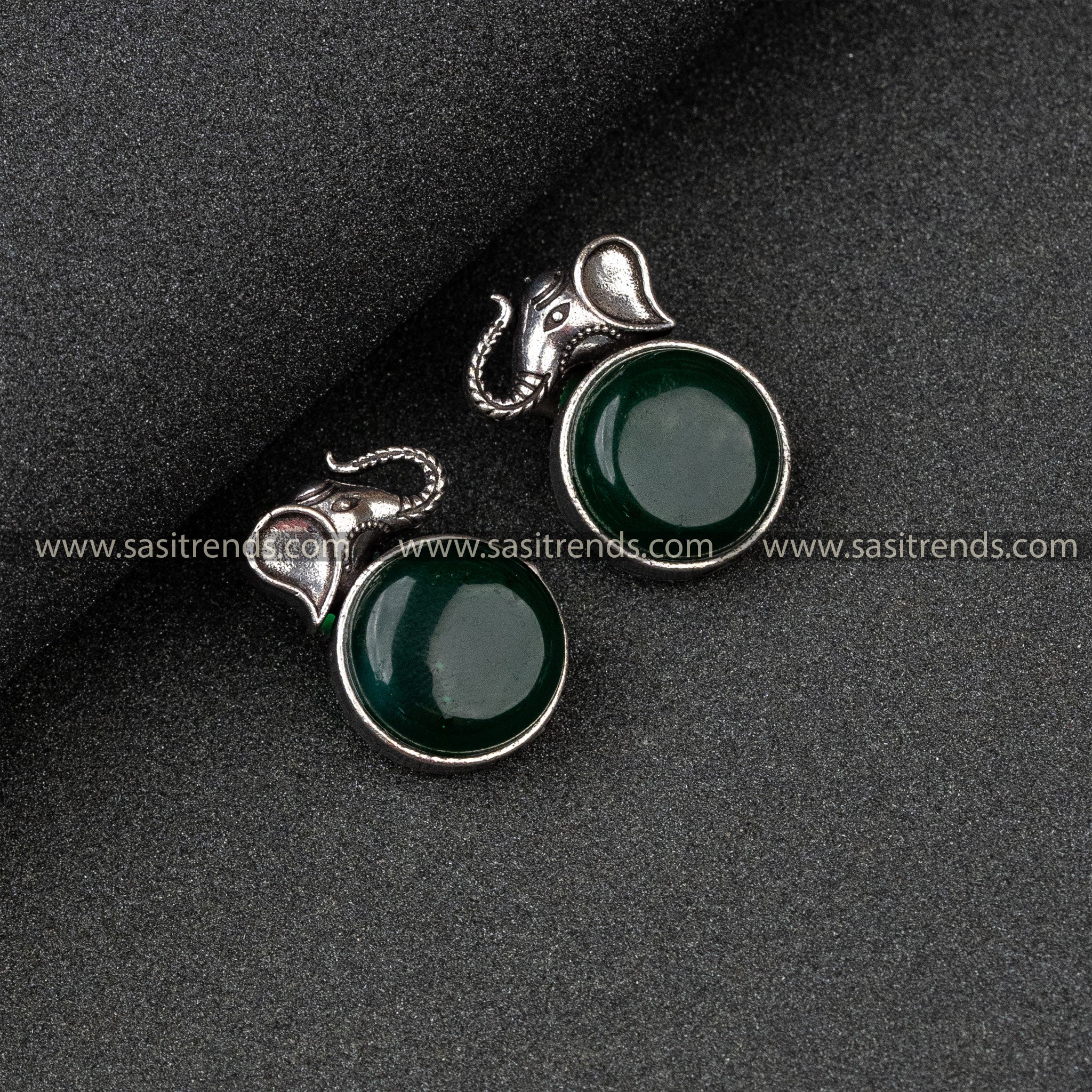 New Oxidised German Silver Elephant Head And Round Monalisa Stone Dark Green Earrings