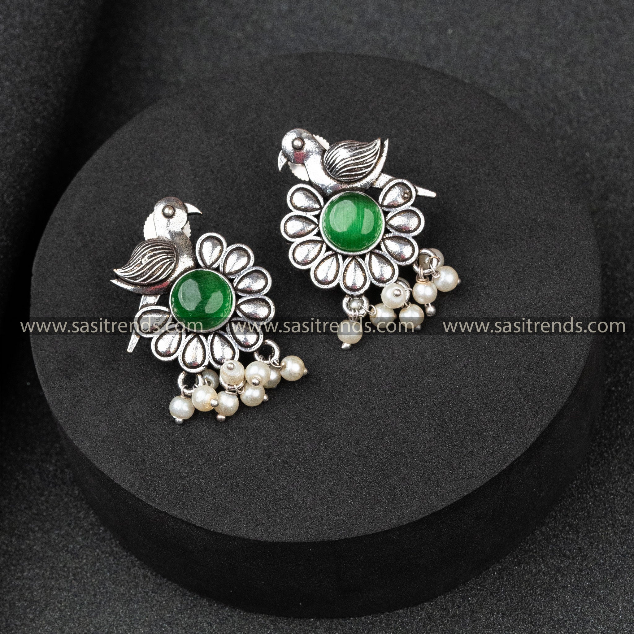 Latest Oxidised German Silver Parrot Designer Pearls Round Monalisa Stone Studded Green Earrings