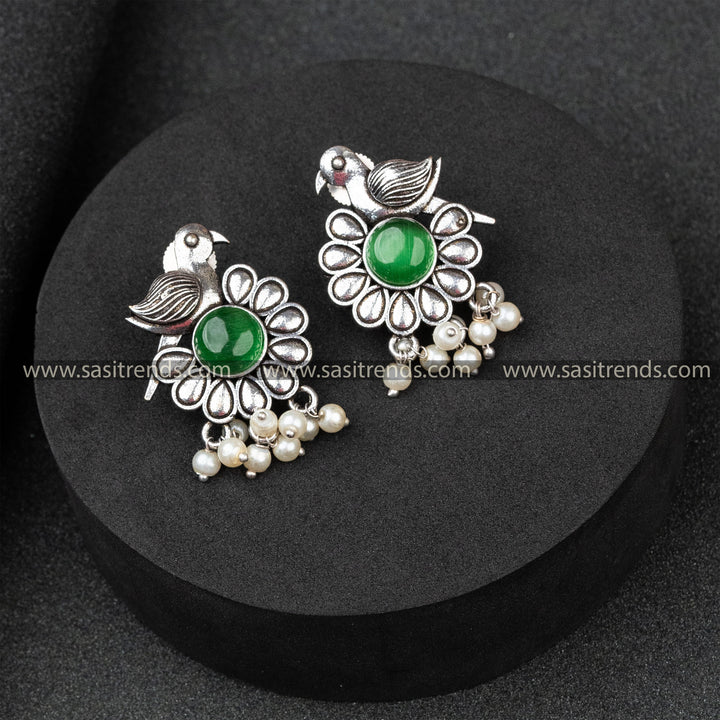 Exquisite Oxidised German Silver Earrings with Monalisa Stone and Pearls - Traditional Elegants