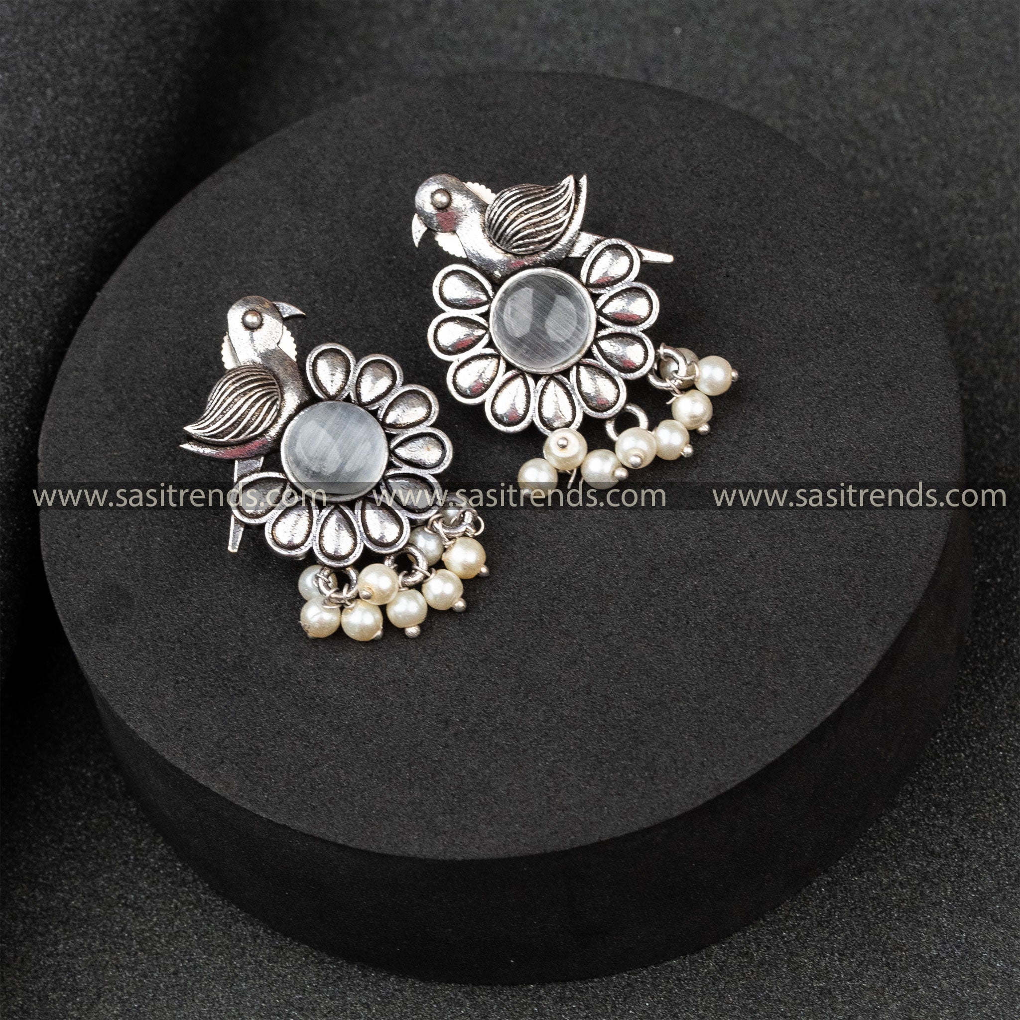 Push back Oxidised German Silver Parrot Designer Pearls Round Monalisa Stone Studded White Earrings