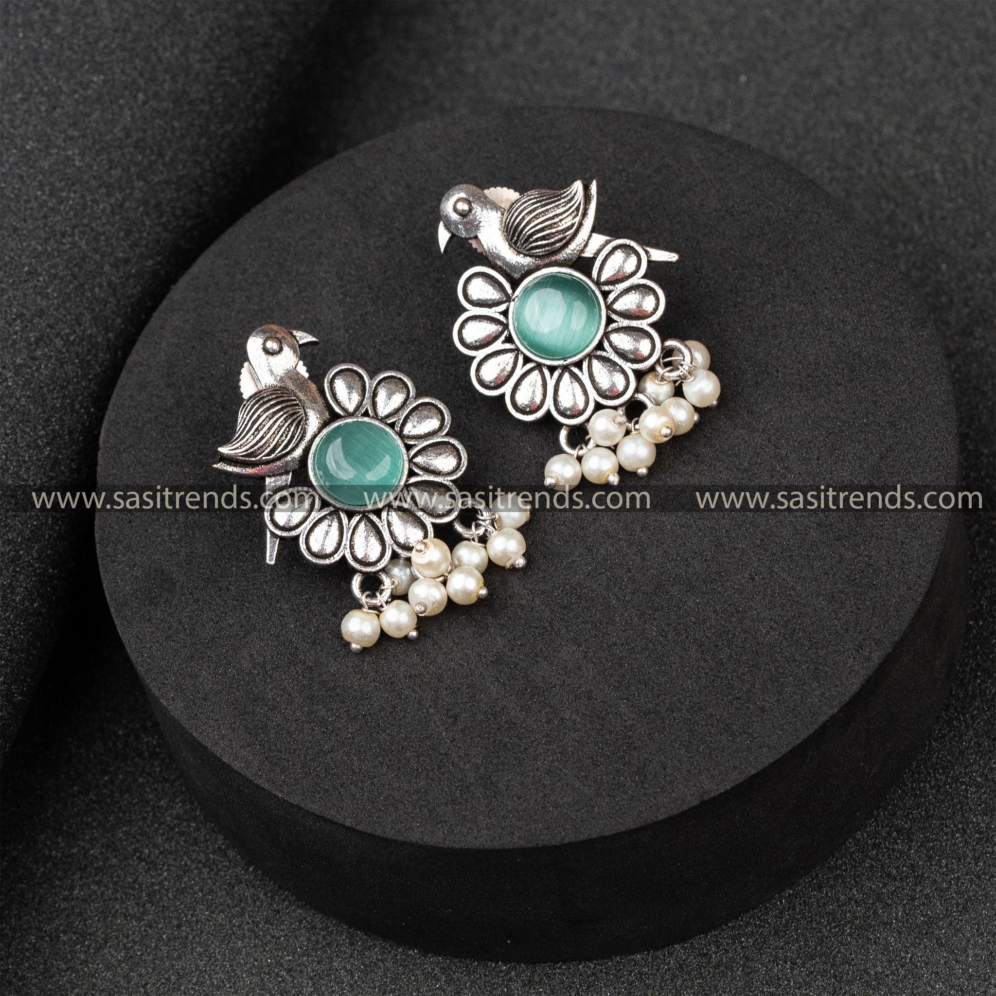 Party Wear Oxidised German Silver Parrot Designer Pearls Round Monalisa Stone Studded Mint Earrings