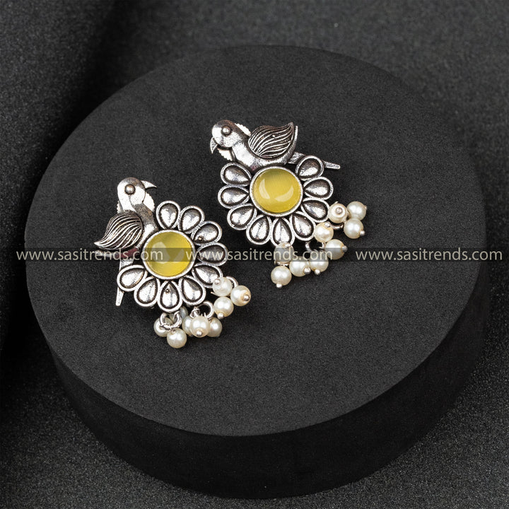 Sasitrends Oxidised German Silver Parrot Designer Pearls Round Monalisa Stone Studded Yellow Earrings