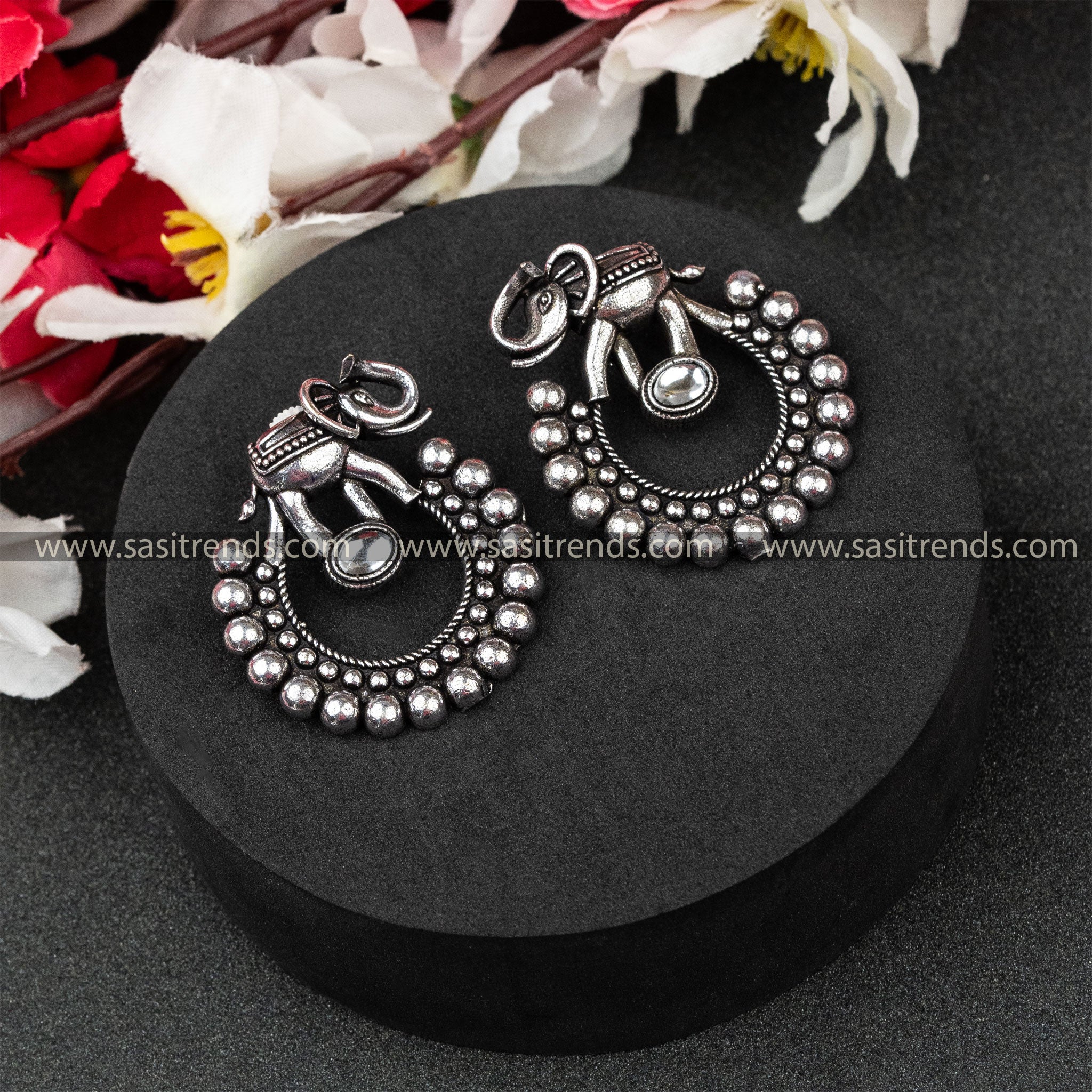 Latest Oxidised German Silver Elephant Designer Oval Monalisa Stone Whitet Earrings