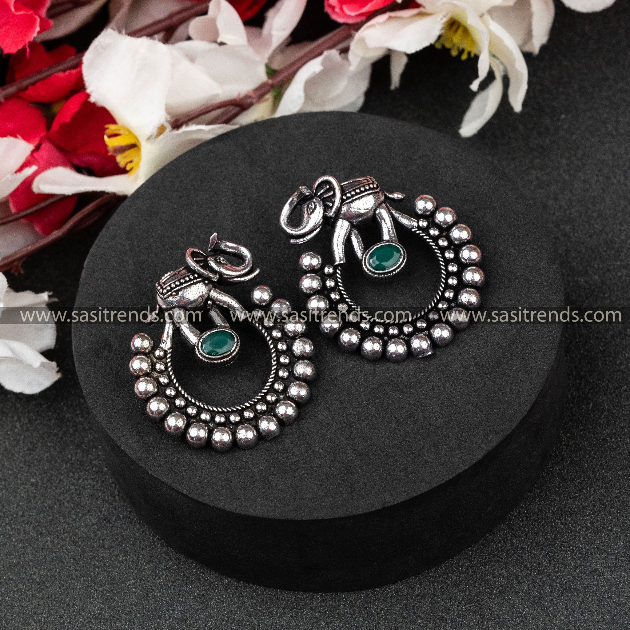 New Oxidised German Silver Elephant Designer Oval Monalisa Stone Dark Green Earrings